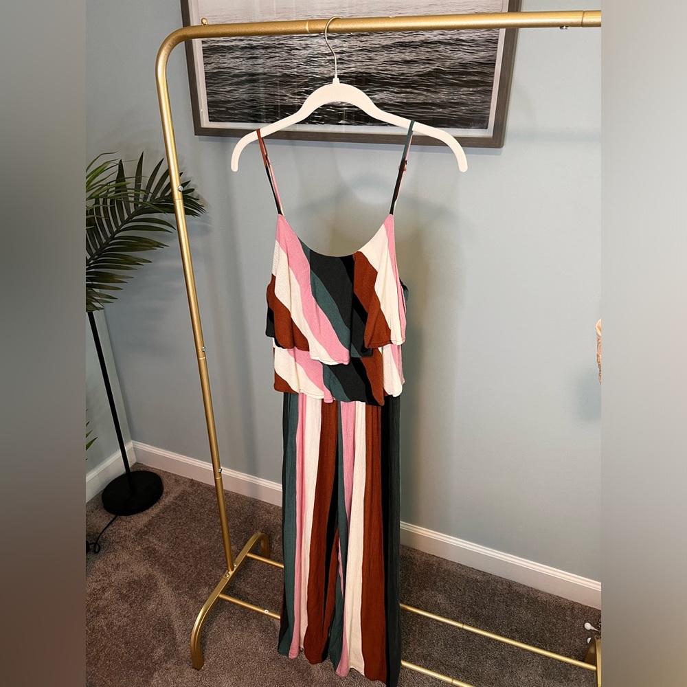 70’s Retro vertical striped casual jumpsuit.